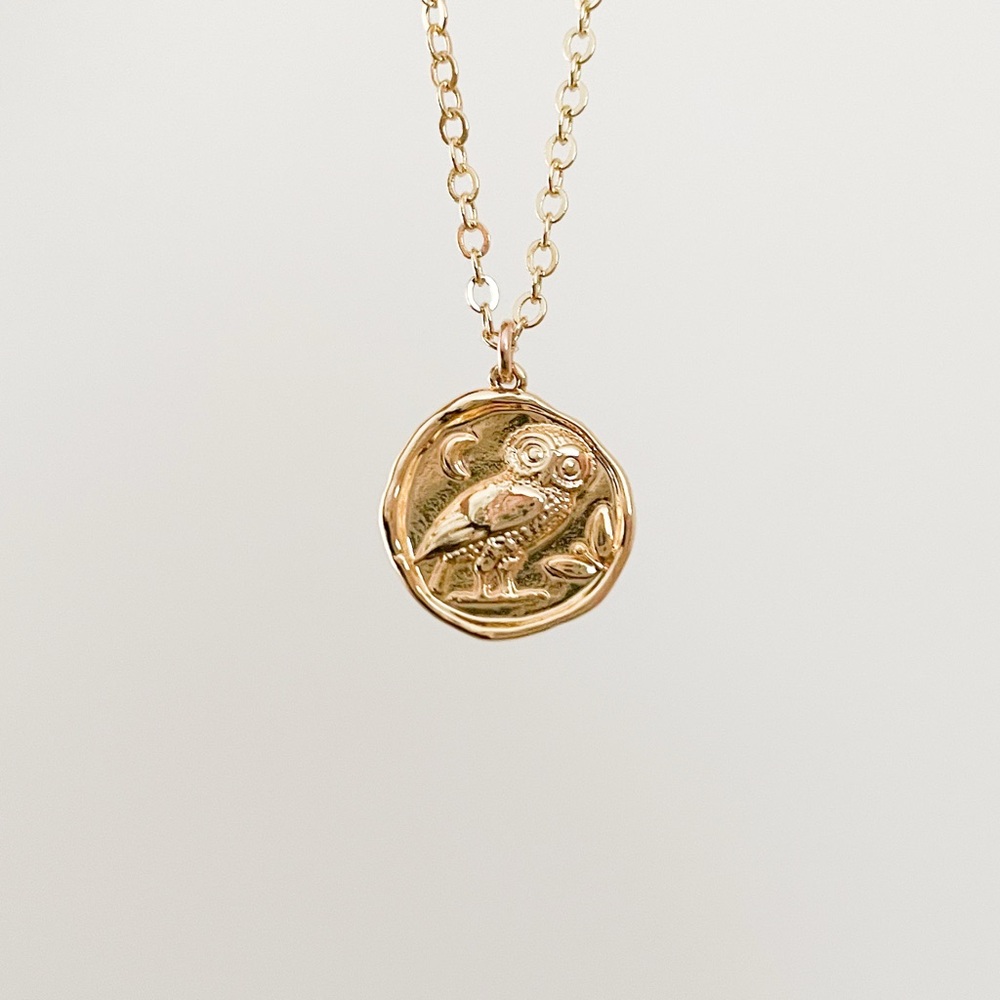 Gold filled Owl of Athena coin necklace